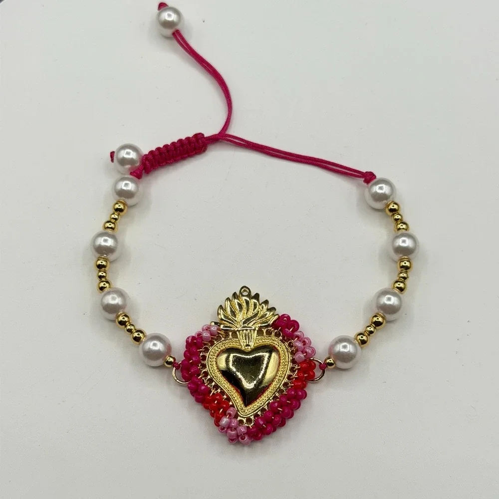 Sacred Heart Bracelet Pink Beaded Pearl Adjustable Gold Tone Valentine Boho